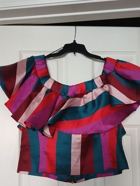 Uterque Multicolor Striped Off-Shoulder Ruffle Crop Top